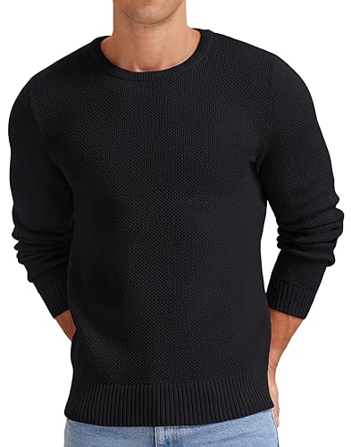 NITAGUT Men's Crewneck Sweater Soft Casual Classic Pullover Knitwear Lightweight Sweaters with Ribbing Edge Black, Large