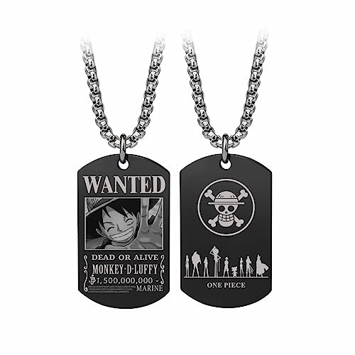 Anime One Piece Wanted Poster Pendant Necklace Stainless Steel Chain Manga Necklaces Dog Tag Jewelry for Men Boys Christmas Gifts