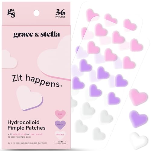 grace & stella Pimple Patches For Face (Heart, 36 Count) - Hydrocolloid Acne Patches for Face - Vegan, Cruelty-Free Zit Patches for Face, Blemish Patches, Pimple Stickers, Zit Stickers, Acne Stickers