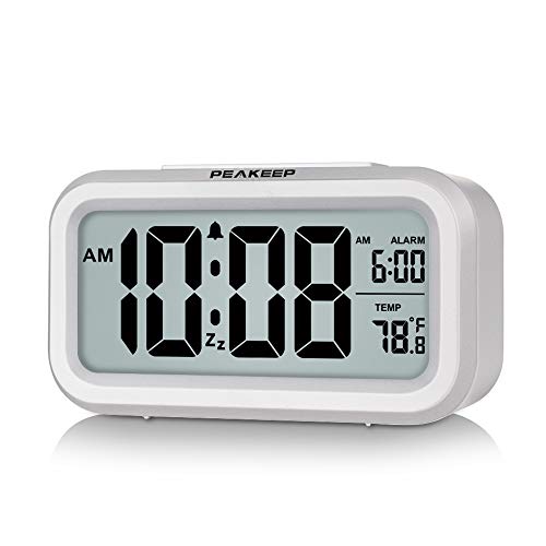 Peakeep Night Light Digital Alarm Clock Battery Operated with Indoor Temperature, Desk Small Clock (White)