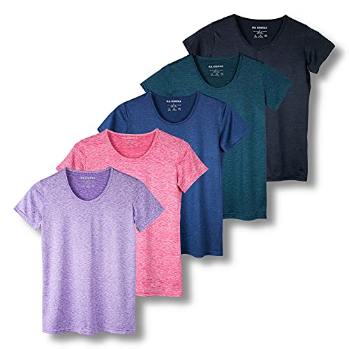 Real Essentials Womens Quick Dry Fit Dri Fit Active Wear Yoga Workout Athletic Tops Running Gym Exercise Ladies Short Sleeve Crew Scoop Neck Moisture Wicking Tees T-Shirt, Set 7, L, Pack of 5