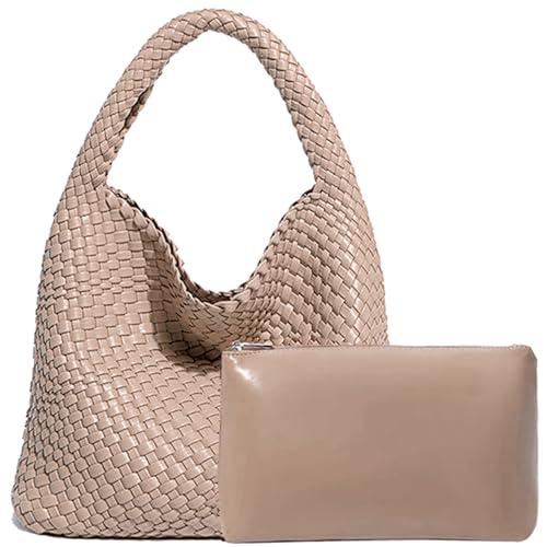 Women Vegan Leather Hand-Woven Tote Handbag Fashion Shoulder Top-handle Bag All-Match Underarm Bag with Purse (Apricot)