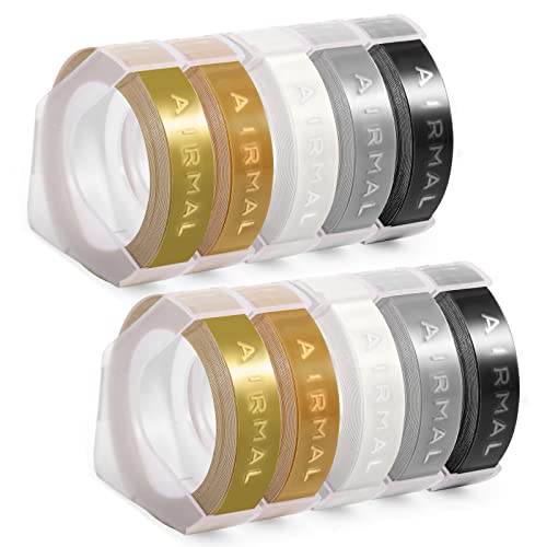 Airmall 10x Compatible Omega Label Tape for Embossing Tape 9mm, 3D Labels Black Transparent Gold Silver Champagne Gold for Omega S0717930 Junior S0717900 Motex E-101 E-303