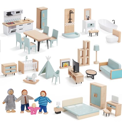 Wooden Dollhouse Furniture Set, 36pcs Furnitures with 4 Family Dolls, Blue Dollhouse Accessories Pretend Play Furniture Toys for Boys Girls & Toddlers 3Y+