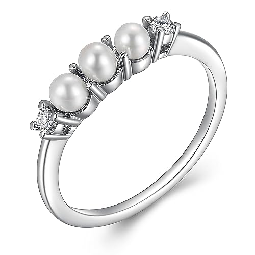 MORGAN & PAIGE Rhodium Plated Sterling Silver Freshwater Cultured Pearl and Cubic Zirconia Ring for Women, Size 7