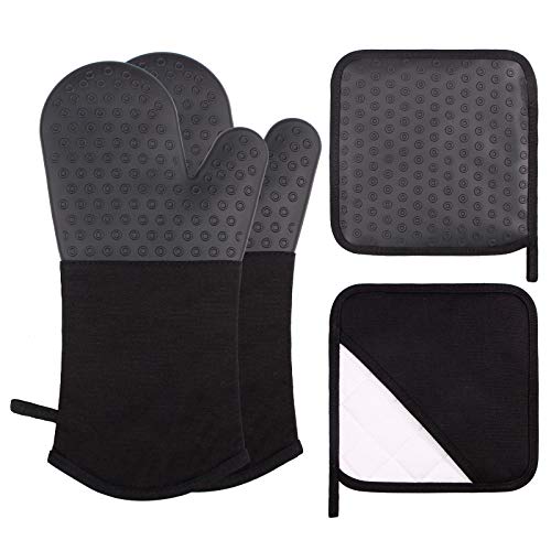 Webake Oven Mitts and Pot Holders Set of 4, 2 pcs Long Silicone Baking Oven Gloves and 2 pcs Silicone Hot Pads with Pocket for Oven Baking