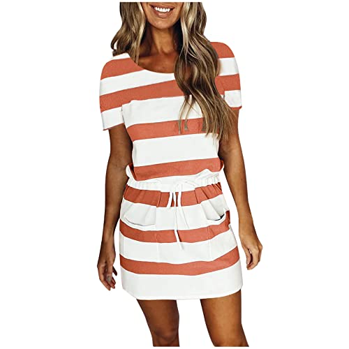 Sales Today Clearance Beach Sun Dresses for Women Casual Striped Mini Tshirt Dress Drawstring Waist Mini Short Dress with Pockets Tunic Dress for Women M