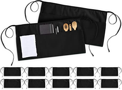 Utopia Wear 3 Pockets Waist Apron [Pack of 12], Server Waitress short apron for Women Men, Kitchen, Restaurant and Crafting (Black)