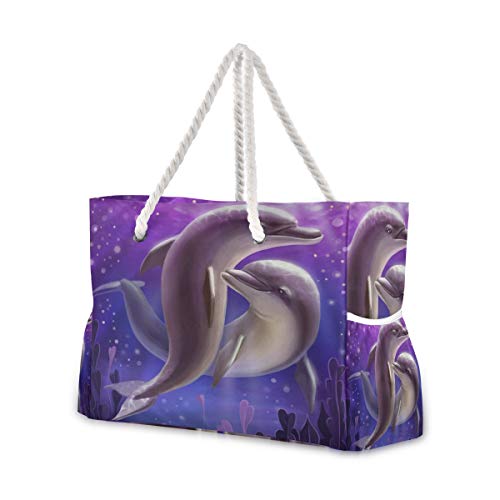 ALAZA Beach Bag, Two Lovers Dolphin Purple Travel Tote Bags for Camping, Exercise