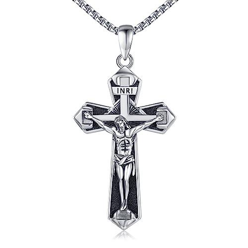 TwoAnts Crucifix Necklace for Men 925 Sterling Silver Jesus Cross Pendant Necklace Protection Necklace Christian Jewelry Christmas Gifts for Son Boyfriend