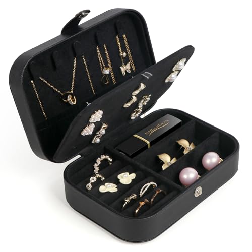 Travel Jewelry Box,Small Jewelry Organizer Boxes for Women Girls,2 Layer Travel Jewlery Case,PU Leather Mini Portable Jewerly Storage Display Holder for Earrings,Ring,Necklaces,Bracelets - Black