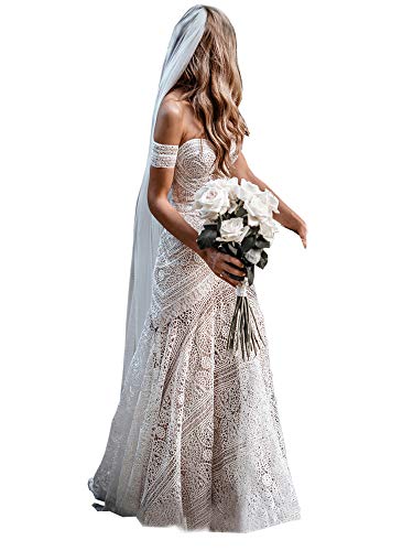 Women's Boho Wedding Dresses Sweetheart Mermaid Lace Long Bridal Gown with Removable Arm Bands(Nude-Zipper,US4)