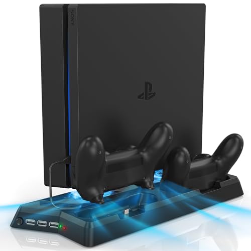 KEKUCULL Controller Charger Station for PS4/PS4 Slim/PS4 Pro,PS4 Vertical Stand with Dual Controller Charging Dock Station,Dual Cooling Fan and 3 USB Ports(Only for PS4+PS4 Slim)