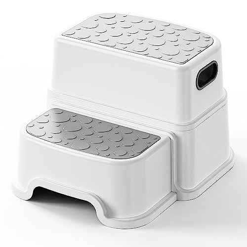 UNCLE WU 2 Step Stool for Kids -Toddler Step Stool Hepler for Bathroom Sink-Dual Height 9.5' Non-Slip for Potty Training, Kitchen, Bedroom & Classroom (Gray White)