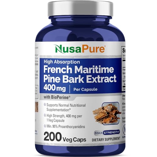 NusaPure French Maritime Pine Bark Extract 400mg per Veggie Caps, 200-Day Supply, Bioperine, Non-GMO