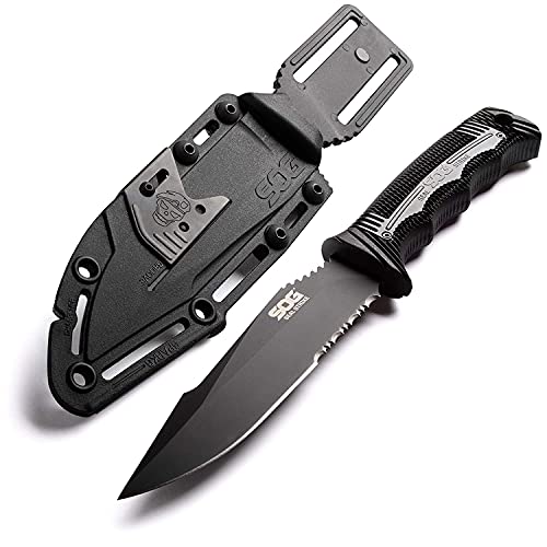 SOG Seal Strike Fixed Blade Knife with Sheath- Tactical and Hunting Knife with 4.9 Inch Partially Serrated Bowie Knife Blade and Survival Knife Line Cutter (SS1003-CP)