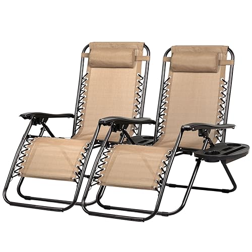 Nazhura Set of 2 Relaxing Recliners Patio Chairs Adjustable Steel Mesh Zero Gravity Lounge Chair Beach Chairs with Pillow and Cup Holder Khaki (Kahki)