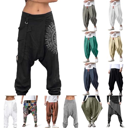 TMJSPOYOU Mens Cotton Baggy Hippie Boho Gypsy Aladdin Yoga Harem Pants Casual Drop Crotch Trouser Elastic Waisted Yoga（2-Black，Small）