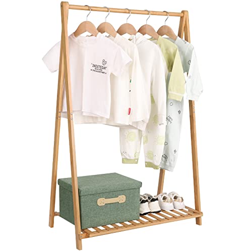 Jotsport Small Clothes Rack Kids Dress Up Storage for Playroom, Toddlers Bedroom, Bamboo Child Garment Rack with Storage Shelf, Kids Clothing Rack Costumes Organizer