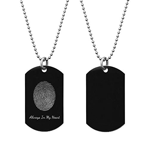 Queenberry Personalized Fingerprint + Text Engraving Custom Dog Tag W/Dot Ball Chain Necklace 24'' - Handmade Love note to Husband Wife