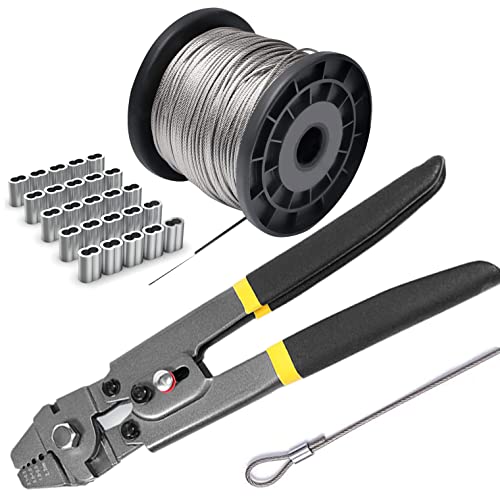 Wire Rope Crimping Tool Kit, with 1/16-304 Stainless Steel Cable 165 ft (7x7 Strand Core), 100 Cable Ferrule Aluminum Loop Sleeve Stops