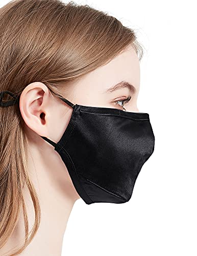 DCSTA Black Cloth Face Mask Mulberry Silk with Nose Wire Reusable, Hypoallergenic Silk Face Masks for Men Women Acne Wedding Party Washable