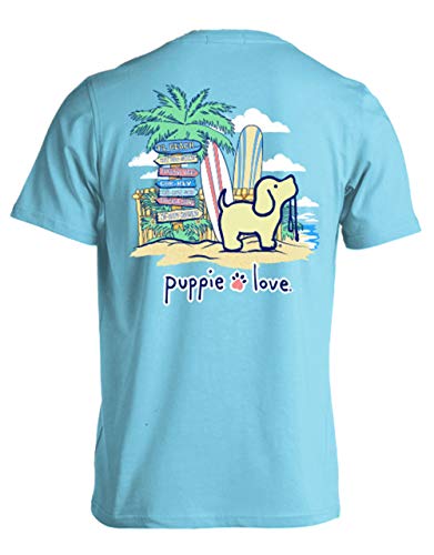 Puppie Love Adult Beach Sign Pup Short Sleeve T-Shirt, Sky- Medium