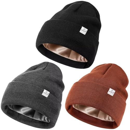 3 Pack Satin Lined Winter Beanie Hats for Women Men,Silk Lined Beanie Knit Soft Warm Cuffed Hat(Black+Dark Gray+Caramel)