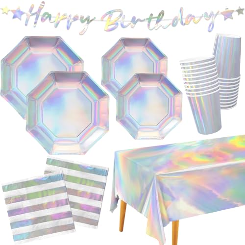 Iridescent Party Supplies - Disposable Paper Plates, Cups, Napkins, Tablecloth & Banner - Ideal for Unicorn, Mermaid Themed Events & Birthday or Wedding Party Decoration - Serves 25