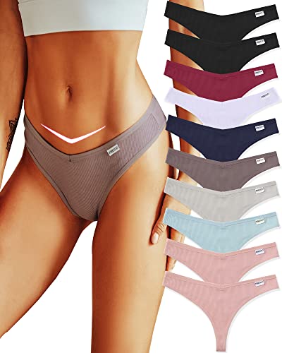 FINETOO 10 Pack Thongs for Women Cotton Underwear V String Breathable Stretch Hipster Sexy Thong Panties S-XL