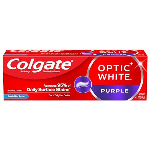 Colgate Optic White Purple Toothpaste for Teeth Whitening, Teeth Whitening Toothpaste with Fluoride, Helps Remove Surface Stains and Polishes Teeth, Enamel-Safe for Daily Use, Mint Paste, 4.2 oz