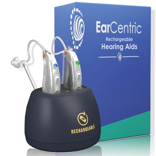[Silver] EarCentric EasyCharge Rechargeable Hearing Aids (Pair) for Seniors, Behind-The-Ear BTE Ear Aid PSAP digital Personal sound amplification products devices with Noise Cancellation