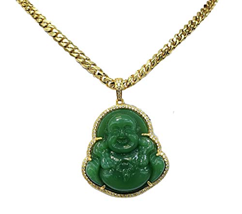 Iced Laughing Buddha Green Jade Pendant Necklace Miami Cuban Link 6mm Chain Genuine Certified Grade A Jadeite Jade Hand Crafted, Jade Neckalce, 14k Gold Filled Laughing Jade Buddha Necklace (20.0)