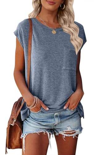 MEROKEETY Women's Casual Cap Sleeve T Shirts Basic Summer Tops Loose Solid Color Blouse, Blue, Large