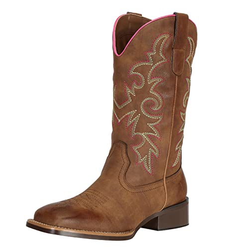 J's.o.l.e Fashion Cowboy Boots for Women Square Toe Wide Mid Calf Western Cowgirl Boots Brown US Size 8