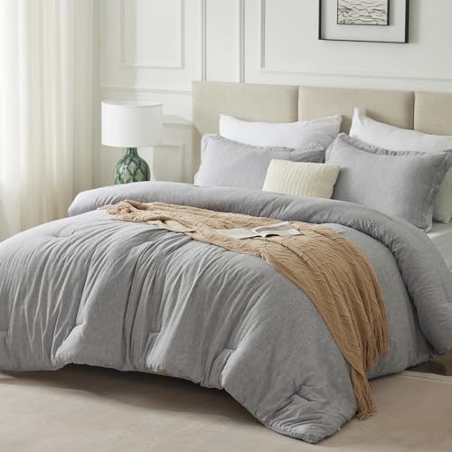 CozyLux King Size Comforter Set - 3 Pieces Grey Soft Luxury Cationic Dyeing Bedding Comforter for All Season, Gray Breathable Lightweight Fluffy Bed Set with 1 Comforter and 2 Pillow Shams