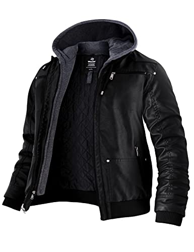 wantdo Men's Motorcycle Leather Jacket Hooded Biker Jacket XXXX-Large Black(Thick)