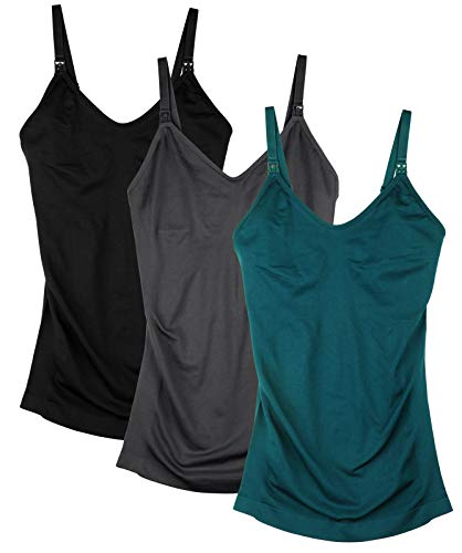 DAISITY Seamless Nursing Tank Tops for Women Breastfeeding Maternity Cami Bra Pack of 3 Color Black Grey Green