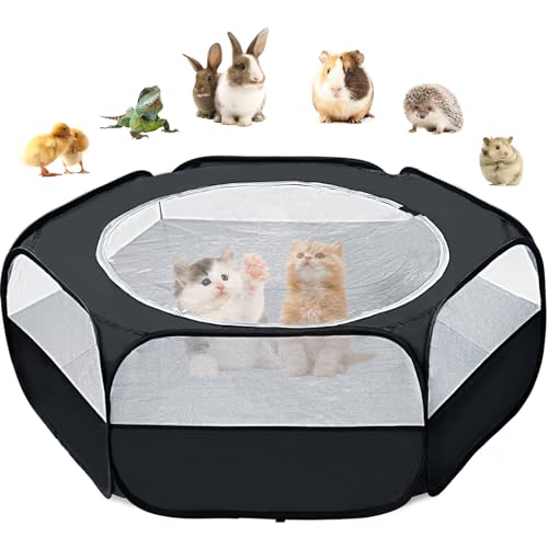 Small Animal Playpen, SKYKA Pet Playpens, Rabbit Playpen Cat Playpen with Cover Top Guinea Pig Toys Playpen for Hamster/Ferret/Bunny/Kitten/Chick Brooder Box Cage Tent, Indoor Outdoor Waterproof Black