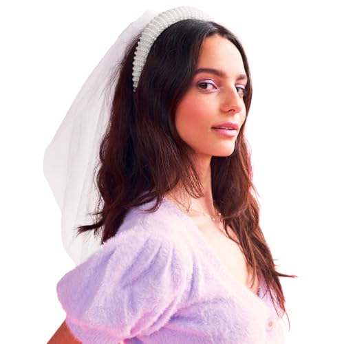 xo, Fetti Bachelorette Party Decorations Pearl Headband with Detachable Veil | White Headpiece Bridal Shower Gift, Bridesmaid Favors