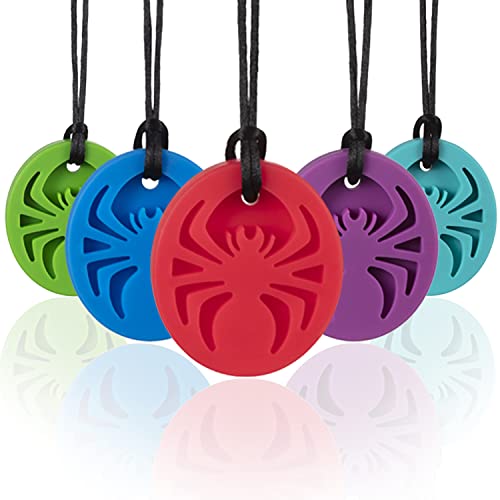 SOSKYGELO Spider Sensory Chew Necklaces, 5Pack Chewy Necklace Sensory Toys for Autistic Children, Designed for Chewing, Autism, Autism Sensory Teether Toy