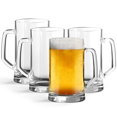 KooK Beer Stein Mugs, Beer Glasses, 12.7 Oz, Clear Large Beer Mugs, Gift for Men, With Handles, Large Drinking Cups for Tea, Coffee, Root Beer Floats, Dishwasher and Freezer Safe, Durable, Set of 4