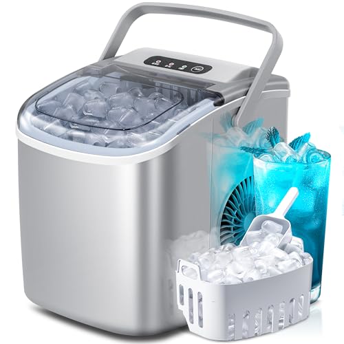 Portable Countertop Ice Maker Machine with Handle, 9 Bullet-Shaped Ice Cubes Ready in 6 Mins, 26Lbs/24H, Self-Cleaning Function with Ice Scoop and Basket for Home/Kitchen/Party (Grey)