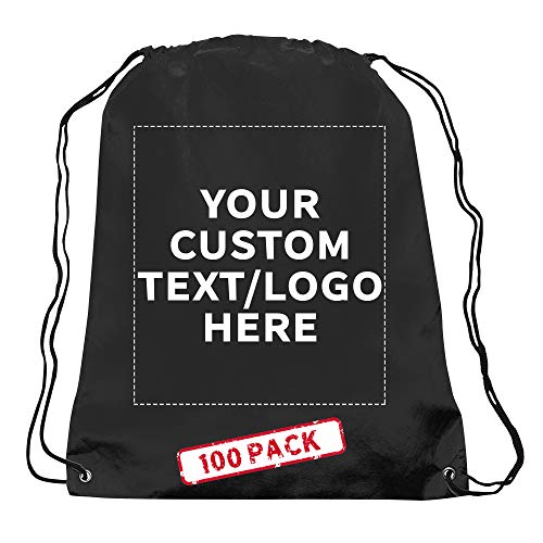 DISCOUNT PROMOS Custom Non-Woven Drawstring Backpacks Set of 100, Personalized Bulk Pack - Bring Everywhere You Go, Great for Travelling, Gym and for Everyday Use - Black