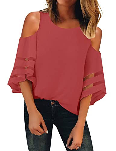 LookbookStore Summer Tops for Women 2024 Womens Cold Shoulder Tops Sexy Casual Tea Rose Crewneck 3/4 Sleeve Blouse Womens Tops and Blouse Dressy Casual Loose Tops Shirt Size M Size 8 10