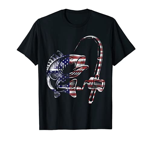 Bass Fishing USA American Flag Rod and Reel T-Shirt
