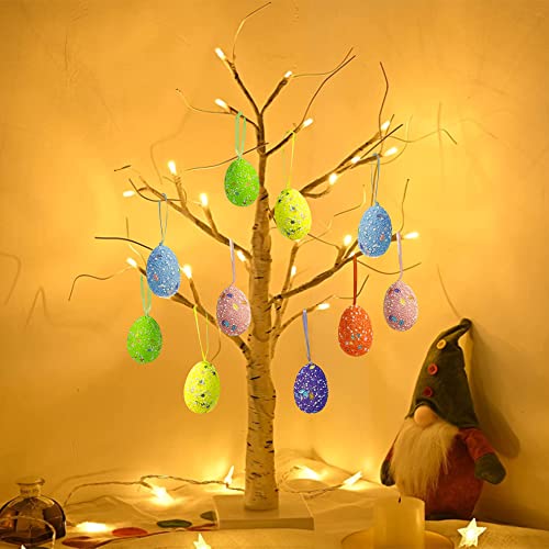Weillsnow 24 Inch Pre-lit White Birch Tree with Easter Egg Ornaments, Battery Operated 24 Warm White Led Lights Table Centerpiece for Party Home Spring Easter Holiday Decorations (Glitter Eggs)