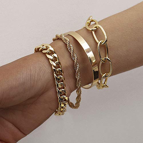 fxmimior Dainty Boho Gold Silver Chain Bracelets Set for Women Adjustable Fashion Beaded Chunky Flat Cable Chain Punk Bracelets Jewelry for Women Girls Gift Set of 4 (Gold)