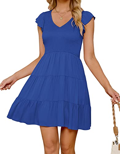 ZESICA Womens 2024 Summer Casual V Neck Flutter Sleeve Bohemian Ruffle Smocked A Line Swing Mini Dress,RoyalBlue,Small