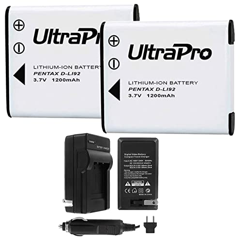 UltraPro D-LI92 Battery 2-Pack Bundle 1200mAh Digital Video Batteries with Rapid Travel Charger for Select Pentax Cameras Including Optio I-10, WG-1, WG-2, WG-3, WG-10 and Others